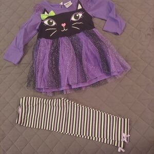 Nannette Purple Cat Dress and Striped Leggings Set